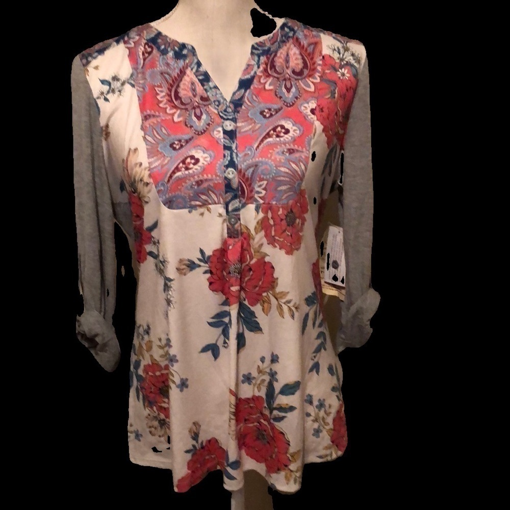 One World multi colored/patterned tunic with yoke, med - Picture 2 of 12